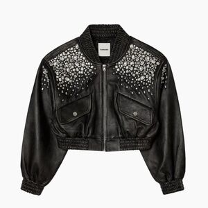 SANDRO CRYSTAL-STUDDED LEATHER BOMBER JACKET New - has tags in pocket